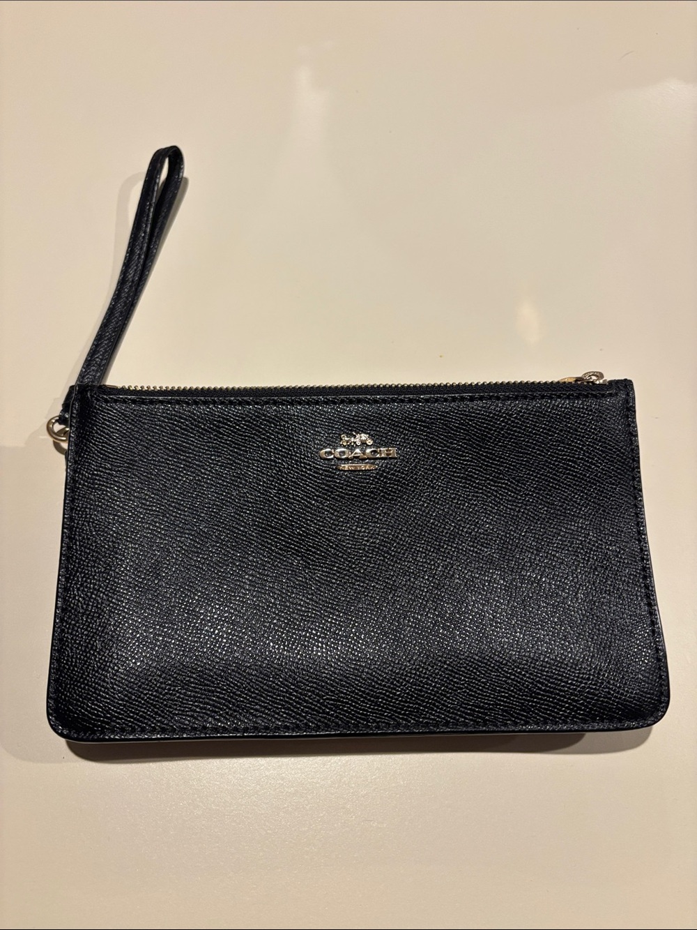 COACH Black Saffiano Leather Wristlet with Gold Logo